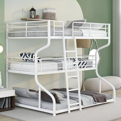 Full XL Over Twin XL Over Queen Size Metal Triple Bunk Bed With Ladder-ModernLuxe