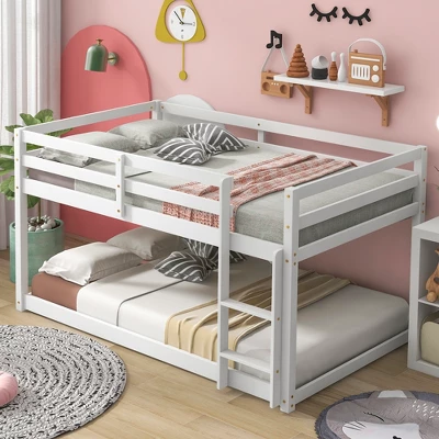 Twin Over Twin Floor Bunk Bed With Ladder And Safety Guardrail-ModernLuxe - Image 2