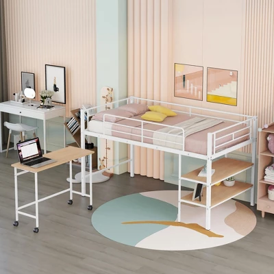 Twin Size Metal Loft Bed With Desk And Shelves - ModernLuxe