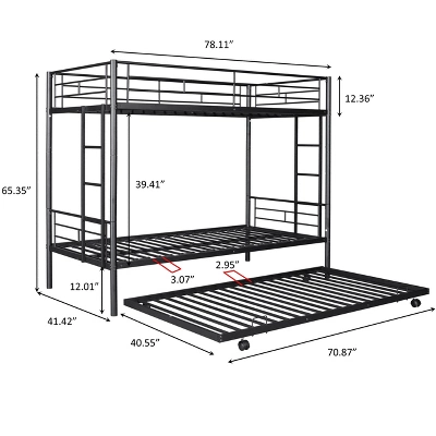 Twin Over Twin Metal Bunk Bed With Trundle Bed And Ladders-ModernLuxe - Image 3