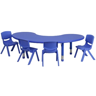 Emma And Oliver 35"W X 65"L Half-Moon Plastic Height Adjustable Activity Table Set With 4 Chairs - Image 3
