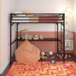Twin Max Metal Loft Bed With Desk Black - Room & Joy