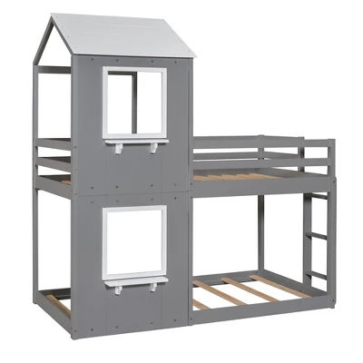 Twin Over Twin Wood Bunk Bed With Roof, Window, Guardrail, And Ladder-ModernLuxe - Image 3