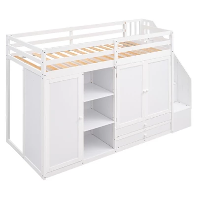 Functional Twin Loft Bed With 3 Shelves, 2 Wardrobes, 2 Drawers And Ladder With Storage-ModernLuxe - Image 5