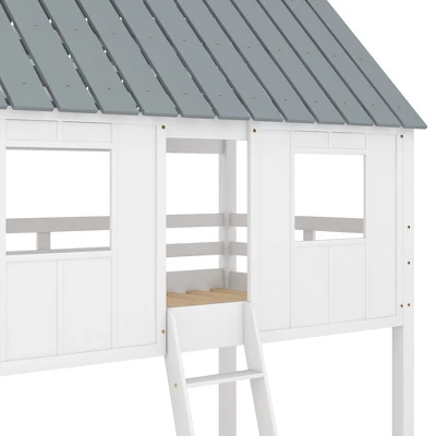 Twin Over Twin Low Bunk Beds With House Shaped Roof And Guardrail, White-ModernLuxe - Image 9