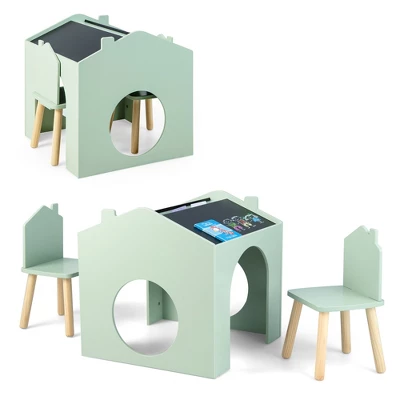 Costway 3 Piece Kids Wooden Table And Chair Set With Blackboard For Drawing Reading Green/Gray/White - Image 10