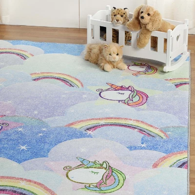 Unicorn Rainbow Colorful Kids Playroom Nursery Washable Indoor Area Rug By Blue Nile Mills - Image 6