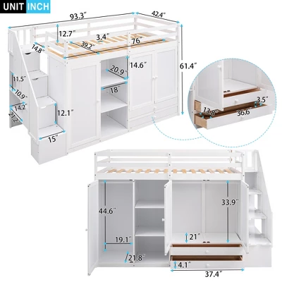 Functional Twin Loft Bed With 3 Shelves, 2 Wardrobes, 2 Drawers And Ladder With Storage-ModernLuxe - Image 2