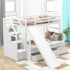 Twin Over Full Bunk Bed With Drawers,Storage Staircase And Slide-ModernLuxe