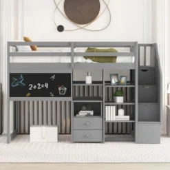 Twin Size Wood Loft Bed With Pullable Desk, Storage Shelves,Staircase And Blackboard-ModernLuxe