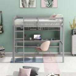 Twin Size Loft Bed With Desk, Shelves, And Ladder-ModernLuxe