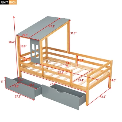 Twin Size House Low Loft Bed With Two Storage Drawers - ModernLuxe - Image 2
