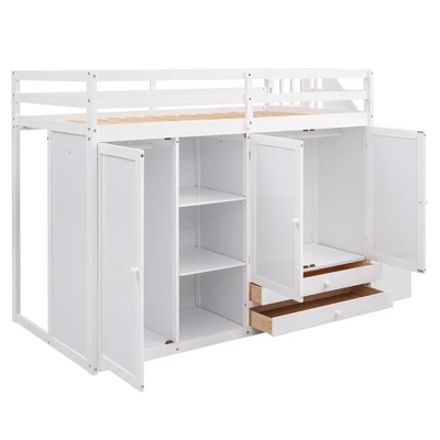 Functional Twin Loft Bed With 3 Shelves, 2 Wardrobes, 2 Drawers And Ladder With Storage-ModernLuxe - Image 6