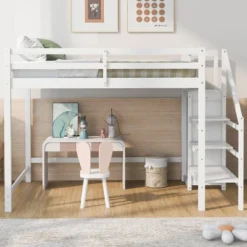 Full Size Loft Bed With Built-in Storage Wardrobe And Stairs-ModernLuxe