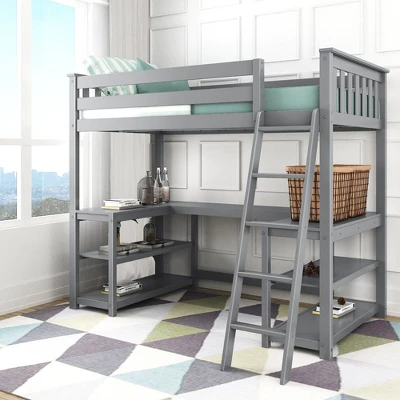 Max & Lily Twin-Size High Loft Bed With Wraparound Desk & Shelves