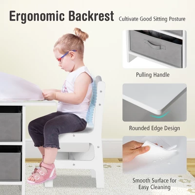 Babyjoy Kids Art Play Wood Table And 2 Chairs Set W/ Storage Baskets Puzzle - Image 5