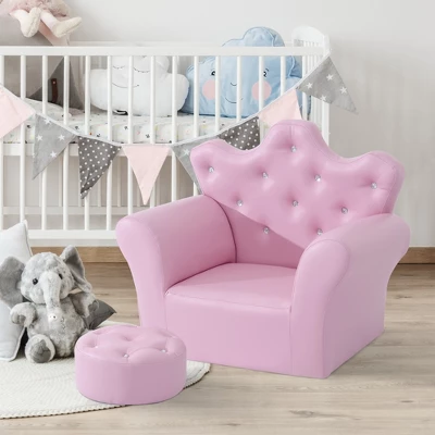 Qaba Kids Sofa Set, Children's Upholstered Sofa With Footstool, Princess Sofa With Diamond Decoration, Baby Sofa Chair For Toddlers, Girls, Pink