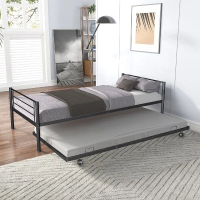 Twin Over Twin Metal Bunk Bed With Trundle Bed And Ladders-ModernLuxe