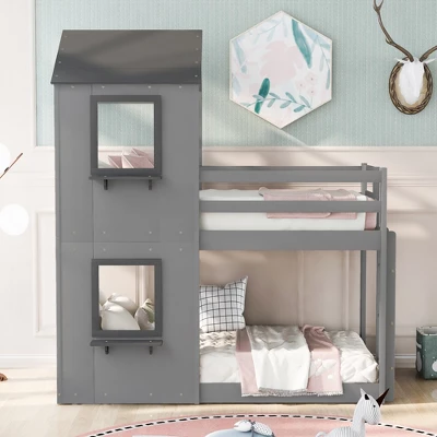 Twin Over Twin Wood Bunk Bed With Roof, Window, Guardrail, And Ladder-ModernLuxe - Image 11