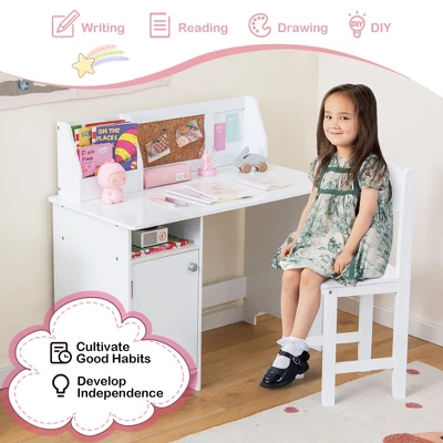 Costway Kids Desk And Chair Set Study Writing Workstation With Bookshelf & Bulletin Board - Image 5