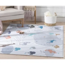 Well Woven Safari Animals Map Playmat Apollo Kids Collection Grey Area Rug