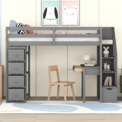 Twin Size Wooden Loft Bed With Storage Drawers, Desk And Shelves - ModernLuxe