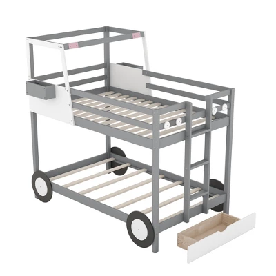 Twin Over Twin Car-Shaped Bunk Bed With Wheels, Drawers And Shelves, Gray - ModernLuxe - Image 5