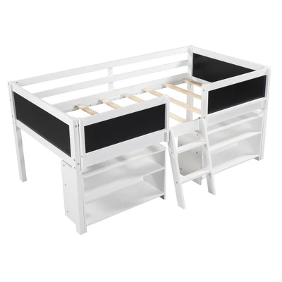 Twin Size Low Loft Bed With Two Removable Shelves, Ladder And Decorative Rail Chalkboard - ModernLuxe - Image 4