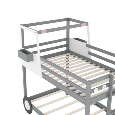 Twin Over Twin Car-Shaped Bunk Bed With Wheels, Drawers And Shelves, Gray - ModernLuxe - Image 8