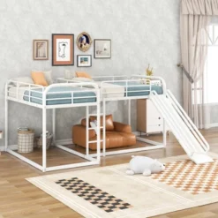 Full And Twin Size L-Shaped Metal Bunk Bed With Slide And Ladder-ModernLuxe