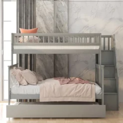Twin Over Full Bunk Bed With Trundle Bed And Staircase-ModernLuxe