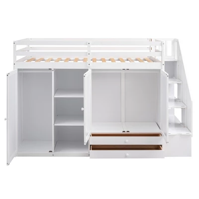 Functional Twin Loft Bed With 3 Shelves, 2 Wardrobes, 2 Drawers And Ladder With Storage-ModernLuxe - Image 4