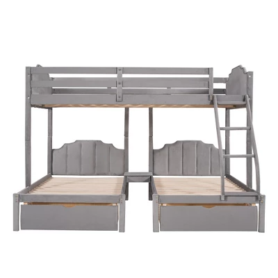 Full Over Twin & Twin Bunk Bed, Velvet Triple Bunk Bed With Drawers And Guardrails-ModernLuxe - Image 6