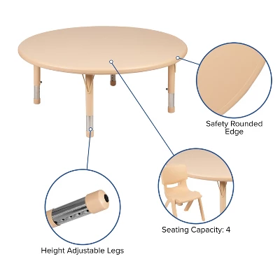 Emma And Oliver 45" Round Natural Plastic Height Adjustable Activity Table - School Table For 4 - Image 2