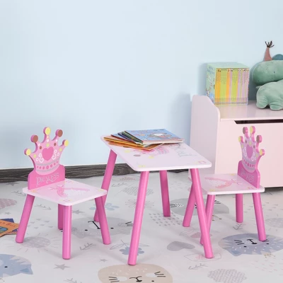Qaba 3-Piece Kids Wooden Table And Chair Set With Crown Pattern Gift For Girls Toddlers Arts Reading Writing Age 2-4 Years Pink - Image 2