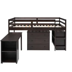 Low Twin Loft Bed With Cabinet And Rolling Portable Desk - ModernLuxe