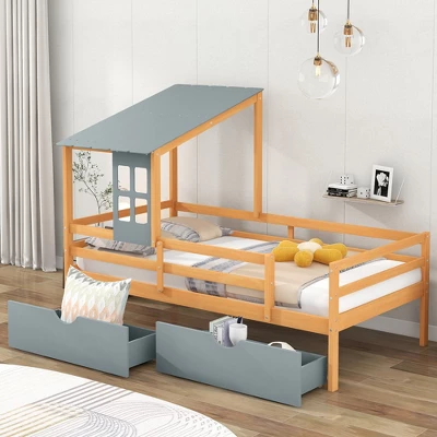 Twin Size House Low Loft Bed With Two Storage Drawers - ModernLuxe - Image 10
