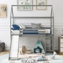 House Shape Twin Size Loft Bed With Slide, Gray - ModernLuxe