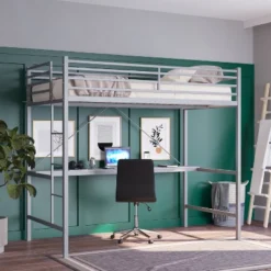 Emma And Oliver Metal Loft Bed Frame With Desk, Protective Guard Rails And Ladder For Kids, Teens And Adults