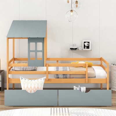 Twin Size House Low Loft Bed With Two Storage Drawers - ModernLuxe