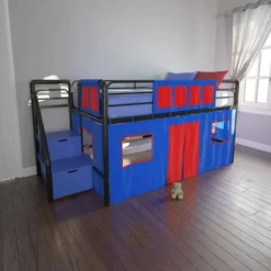 Kids' Junior Metal Loft Bed With Storage Steps And Curtain Set Black/Blue - Room & Joy