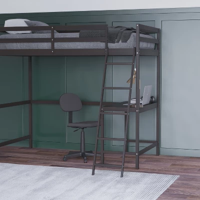 Emma And Oliver Twin Wood Loft Bed Frame With Protective Guardrails And Integrated Desk And Ladder For Use With Any 6-8" Thick Mattress - Image 4