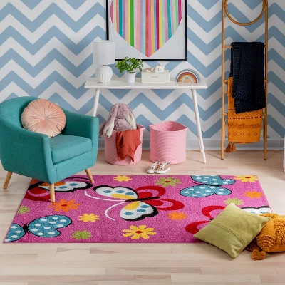 Well Woven Modern Daisy Butterflies Bright Kids Room Carpet Soft Durable Pink Area Rug - Image 4