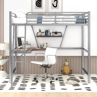 Twin Size Loft Metal Bed With Desk And Shelves - ModernLuxe