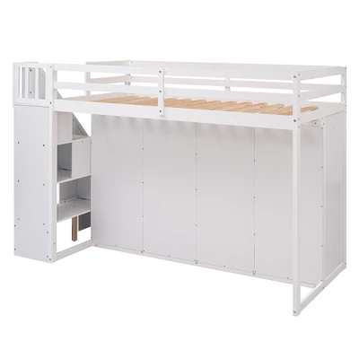 Functional Twin Loft Bed With 3 Shelves, 2 Wardrobes, 2 Drawers And Ladder With Storage-ModernLuxe - Image 9
