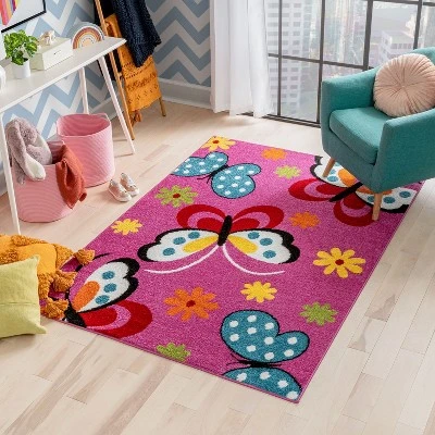 Well Woven Modern Daisy Butterflies Bright Kids Room Carpet Soft Durable Pink Area Rug - Image 6