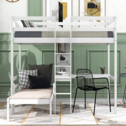 Convertible Loft Bed With L Shaped Desk, Shelf And Ladder, White - ModernLuxe